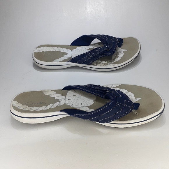 Clark Navy Leather Flip Flops Cushion Soles Sz11 - Picture 6 of 9